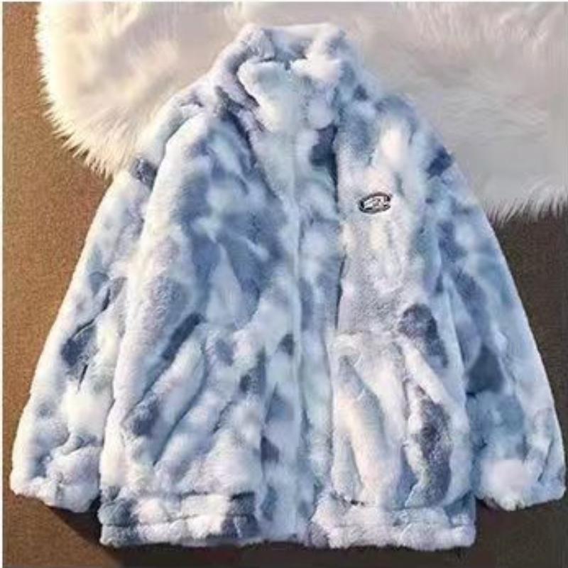 New Women's Tie Dye Lamb Fleece Jacket Autumn Winter Zipper Outerwear Warm Plush Jackets Harajuku Casual Loose Female Thick Coat