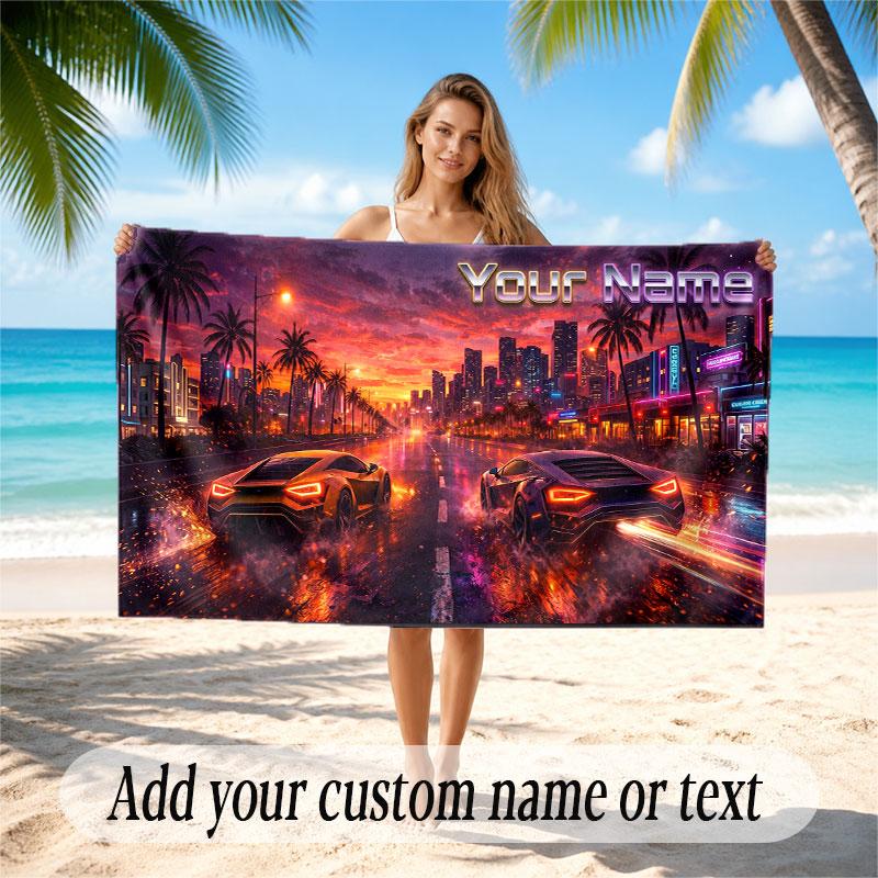 City Cyberpunk Theme Soft Beach Towel Personalized Custom Name Text Towel Portable for Beach Pool Travel