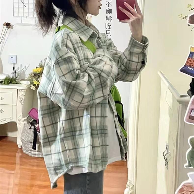 Green plaid shirt women's spring and autumn new loose outer wear design sense niche shirt POLO collar top jacket
