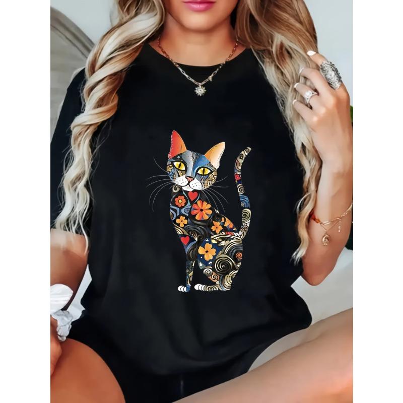 

Women Casual T Shirt Black Colorful Cat Floral Pattern Print Loose Fit Top For Daily Wear And Home Use XXXXL чёрный