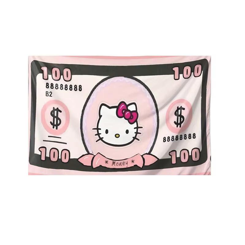 

Funny Hello Kitty 100 Bill Tapestry Novelty Money Print for Whimsical Dorm Room Wall Decor Gift 74x94cm(29x37in)