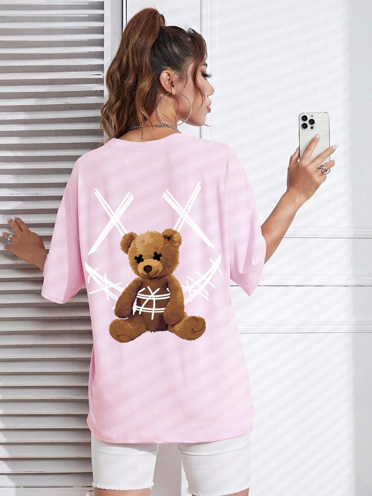 Ein Stoffbär mit einem Verbanddruck T-Shirts Damen Lässig Weiche Oberteile Mode Cooles T-Shirt Kleidung Straße Sommer Kurze Ärmel
