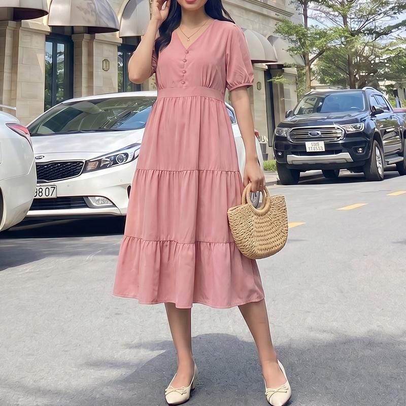 ZANZEA Women Elegant V-Neck Casual Solid Color Short Sleeve Dress M камео розовый