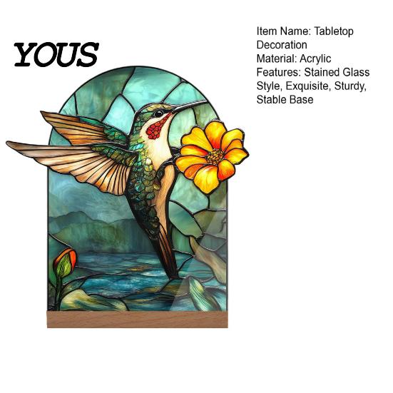 Stylish Interior Ornament Stained Glass Style Acrylic Table Centerpieces, Floral & Landscape Pattern Durable Desk Tabletop Sign with Wood Base