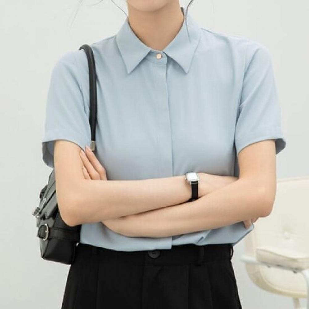 Navava Women Simple Office Solid Collar Short Sleeve Shirt Nb2595