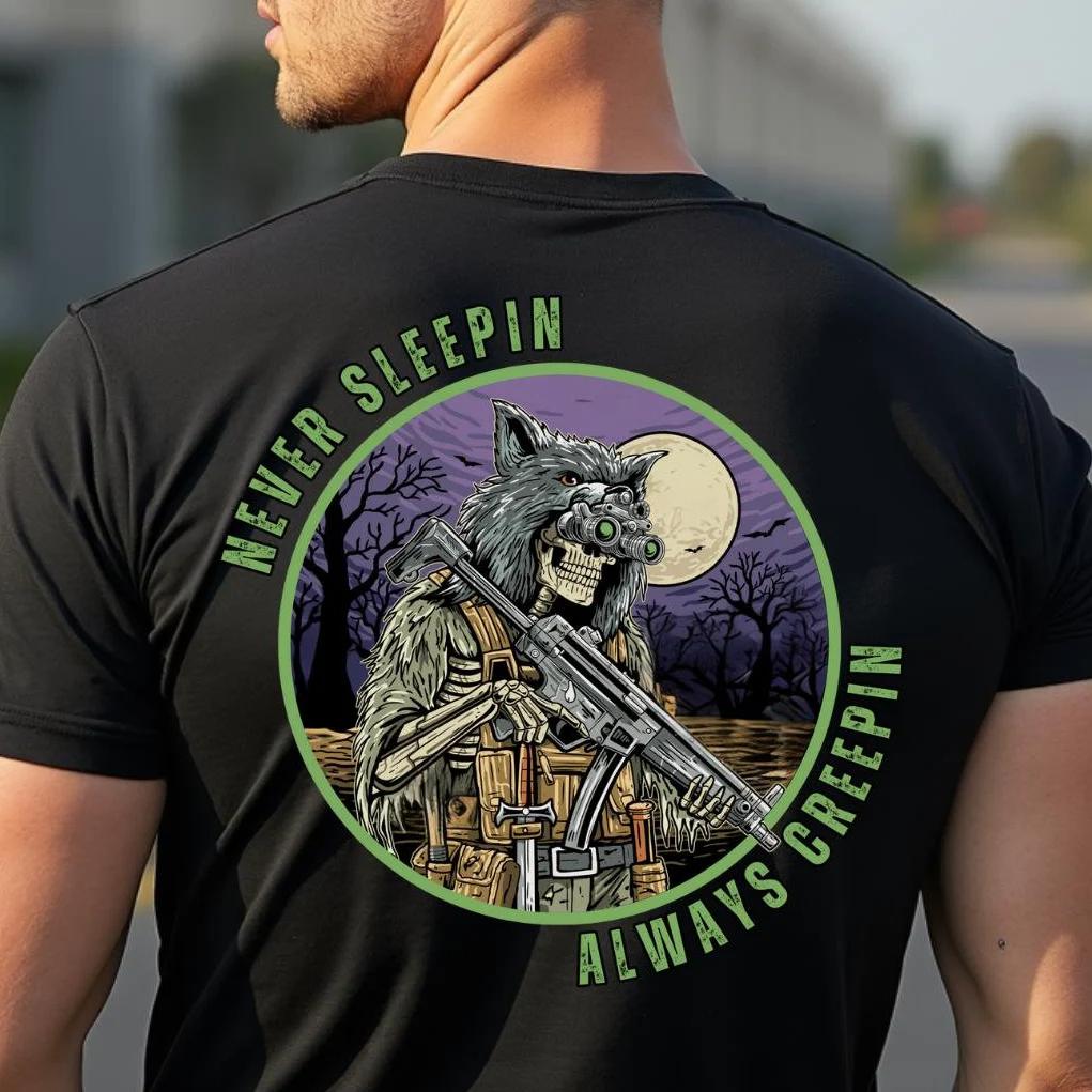 Tactical Operator T-Shirt Men Skull with Night Vision Goggles & Wolf Pelt  Short Sleeve Cotton Tops Summer Casual Men‘s T Shirt