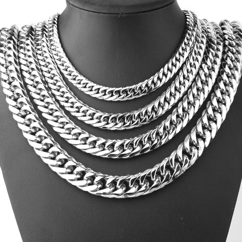 Stainless Steel Cuban Link Chain Silver Color Necklace Bracelet For Men Jewelry 8/10/12/14Mm Width Hip Hop Punk Accessories