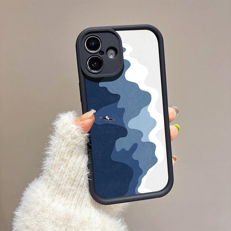 Bedruckte Modehülle mit Ozeanmuster + Schwarzes Schlüsselband Flexible Weiche Silikon TPU Schale Vollständige Rückseite für IPhone Samsung Xiaomi Redmi