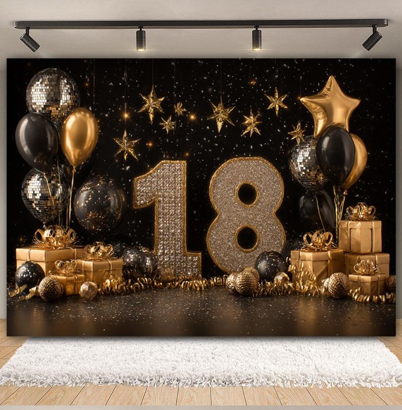 Black and Gold Balloon Gift Theme 18th Birthday Banner Backdrop Cloth Adult Gift Birthday Party Decoration Photography Backdrop