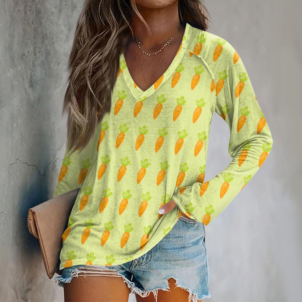 Women's Long Sleeve Plunger Sleeve Easter Print Casual Top T-Shirt