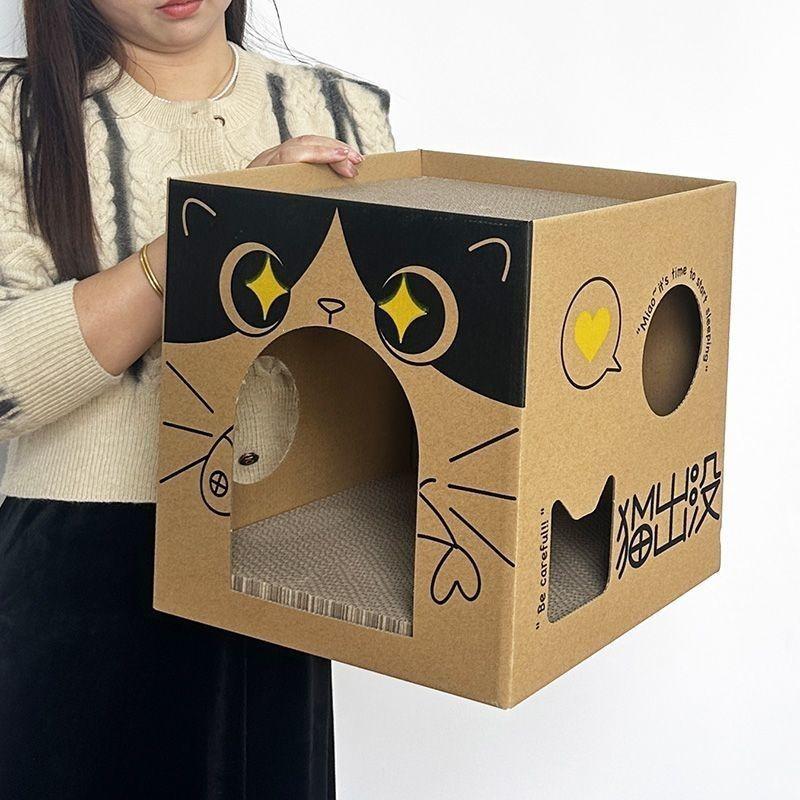 Durable Cardboard Cat House with Scratching Board - Wear-Resistant and Shed-Free