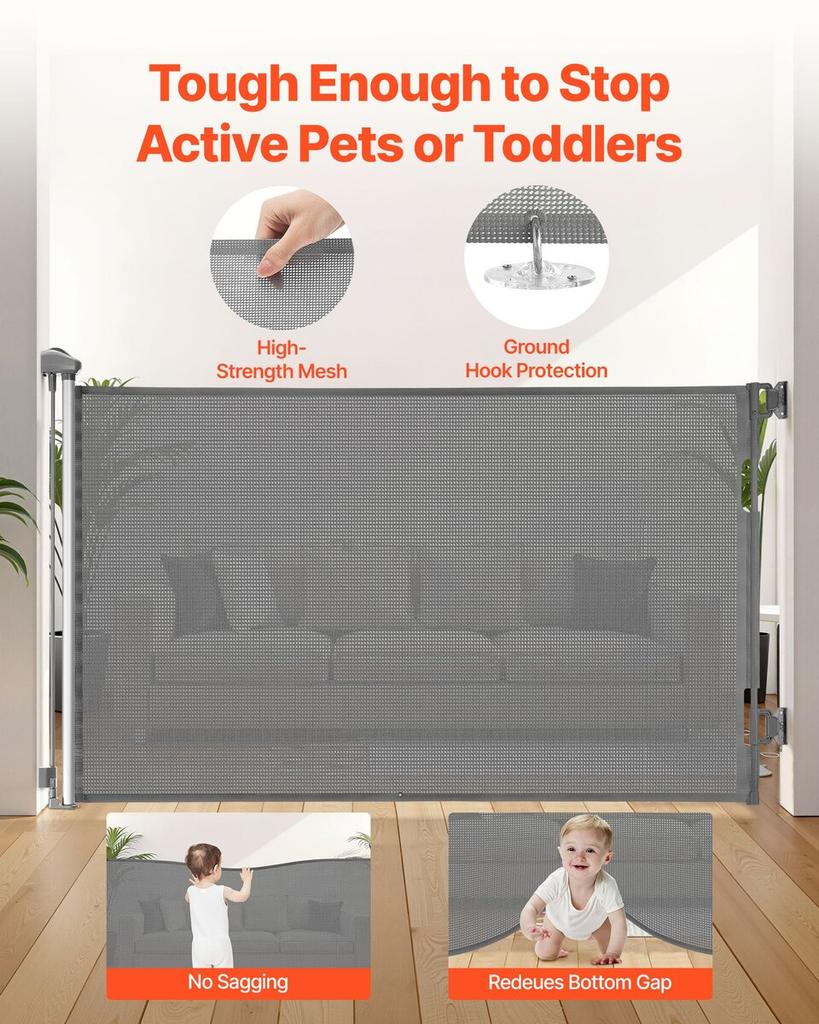 Retractable Baby Gate, Extends to 1450 mm Wide, 980 mm Tall, with Security Lock, Easy to Use, Walk Through Without Tripping, Mesh Dog Gate for Stairs,