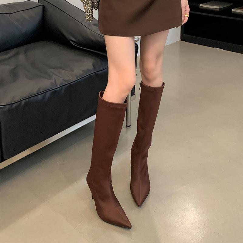 Long knight boots women 2025 black but knee small high boots fashion pointed high heel elastic boots
