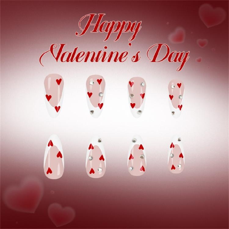 Women's Valentine Special Press On Nail 48Pcs Red Heart Glitters White French Design Multiple Sizes Easy Apply
