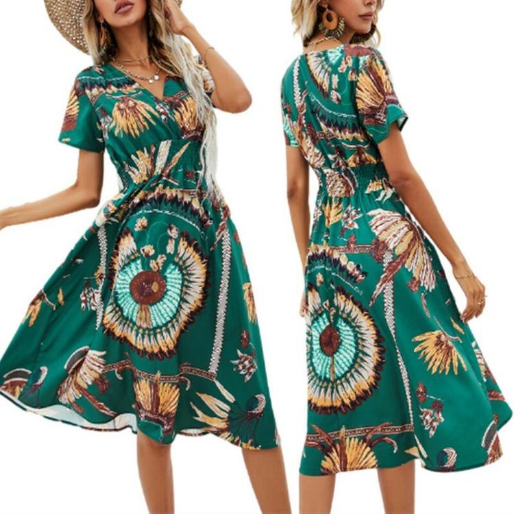 Goedkope Women Tropical Plant Print Vneck Midi Dress Ladies Summer