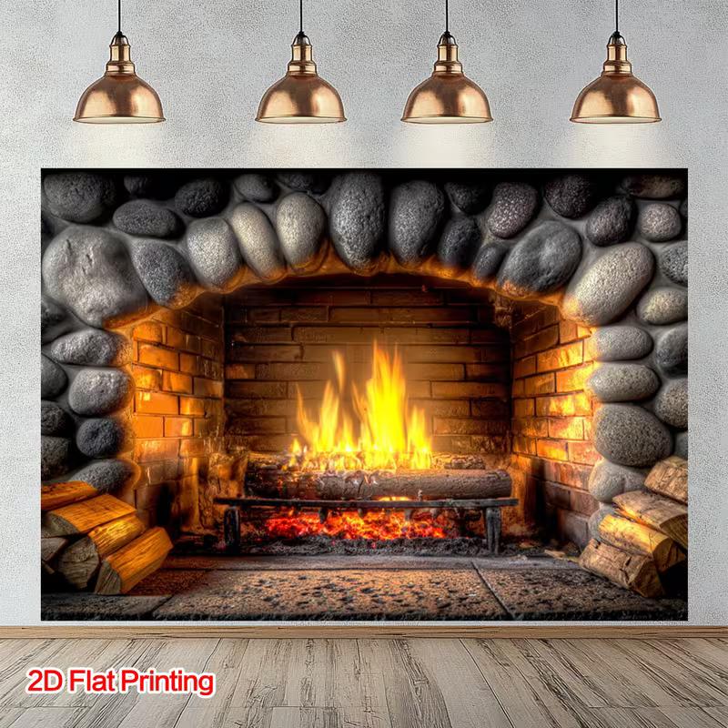 

2D Realistic Fireplace Banner, Burning Wood Fire in Brick Hearth 47.2x31.5inch/120*80cm