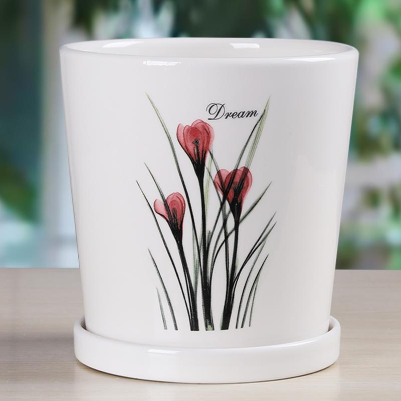 White Ceramic Flower Pot Creative Indoor Simplicity and Personality with Tray Home Balcony Desktop Potting