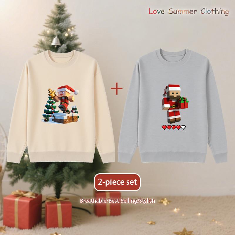 

Набор из 2 детских свитшотов с круглым вырезом, спортивные топы для мальчиков и девочек, возраст 4-14 лет, с рисунком Санта-Клауса и рождественской елки, без капюшона, унисекс, полиэстер 100