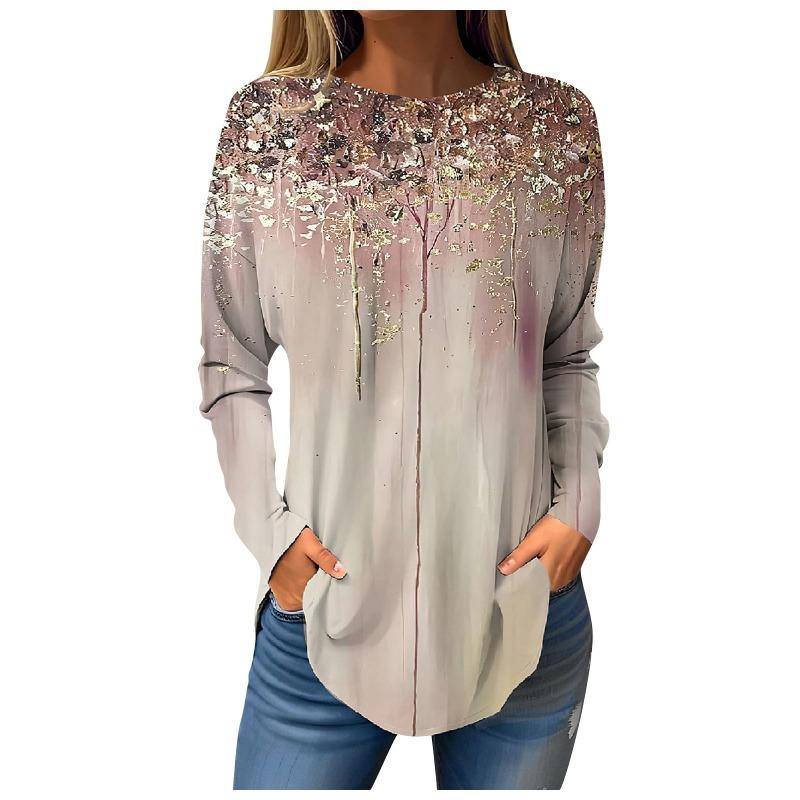 Damen T-Shirt mit 3D-Blattdruck, modisch, langärmlig, Rundhalsausschnitt, normale Oberteile, Feiertagswochenende, Frühling und Herbst