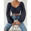 Spring Women's Blouse Low-cut Sexy V-neck Splicing Chiffon Drawstring Lantern Sleeve Slim Tops