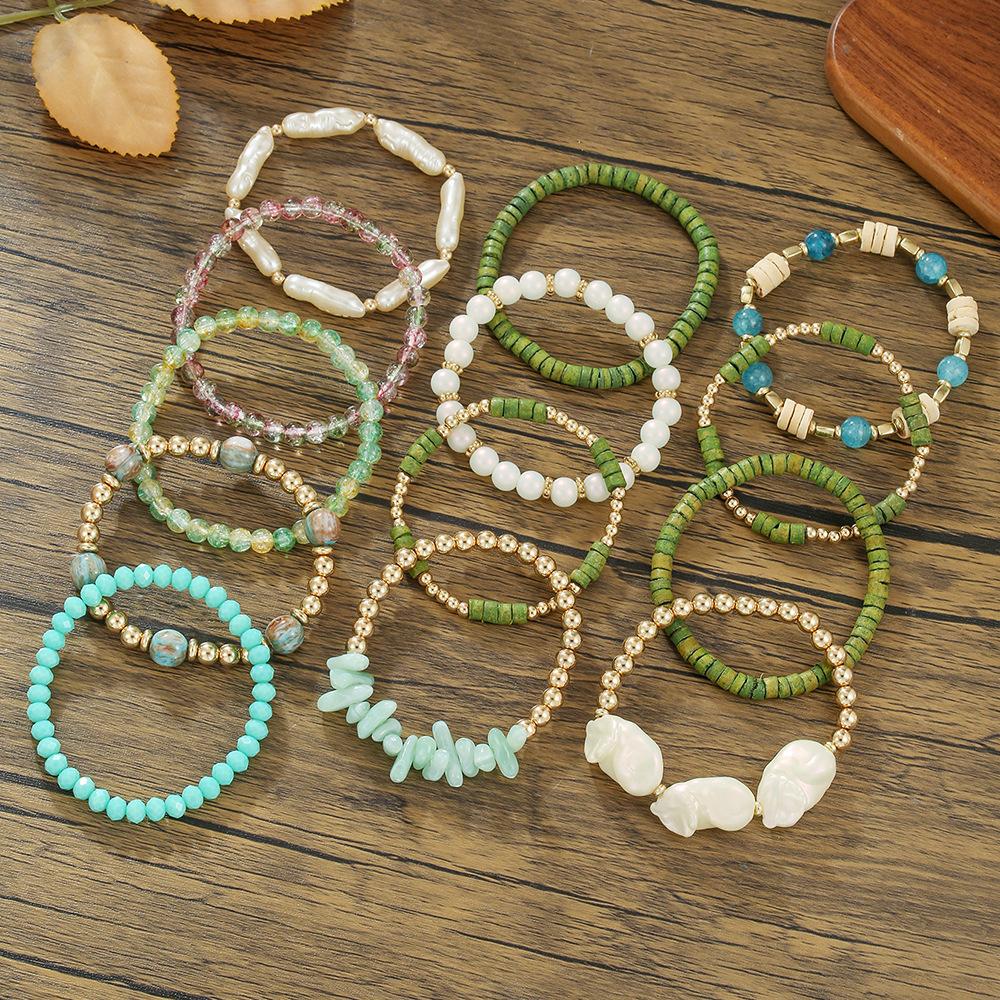 Bohemian Multi-Layered Crystal Pearl Coconut Shell Bracelet Set Baroque Handmade Beaded Bracelet Ladies