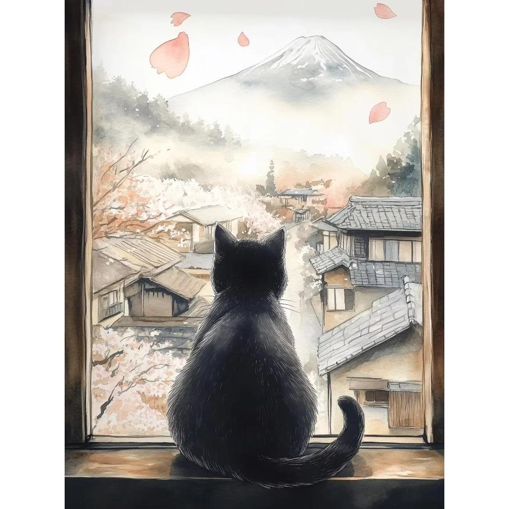 Canvas  Japanese Black Cat Bathing Moon Lucky Cartoon Illustration Retro Poster Wall Art Pictures Home Decor Wall Decor