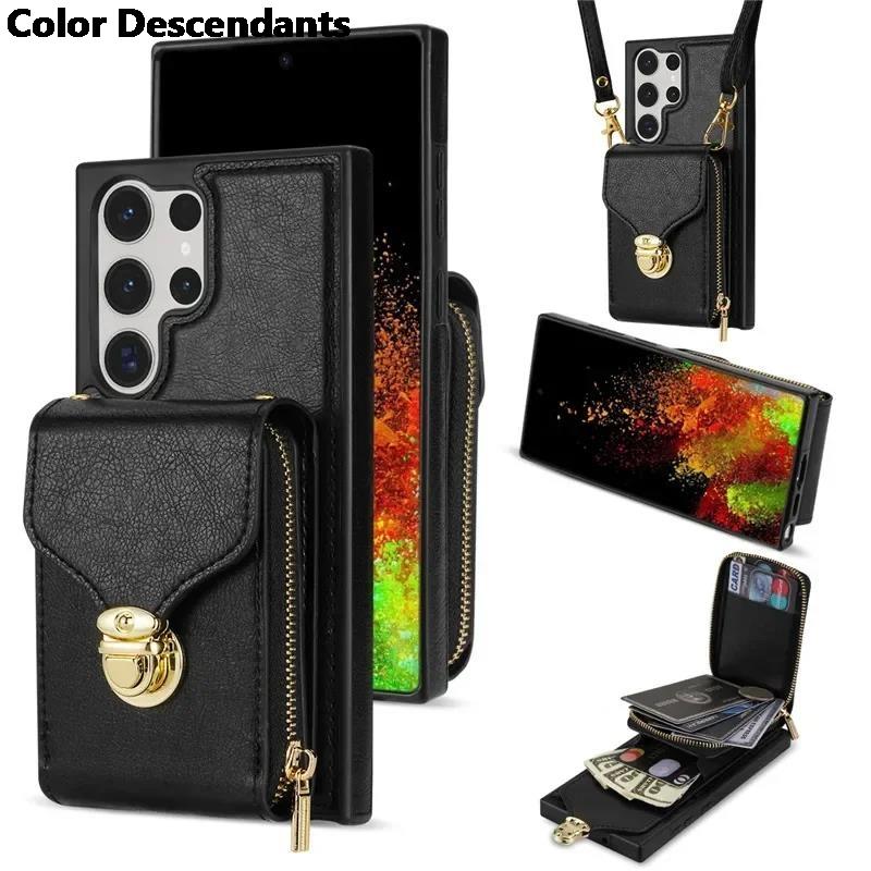 

Leather Lanyard Zipper Wallet Phone Case for Samsung Galaxy S25 S24 Ultra S23 Plus S22 S21 FE Note 20 A54 A14 A53 A13 A52S Cover Samsung S25 Plus чёрный