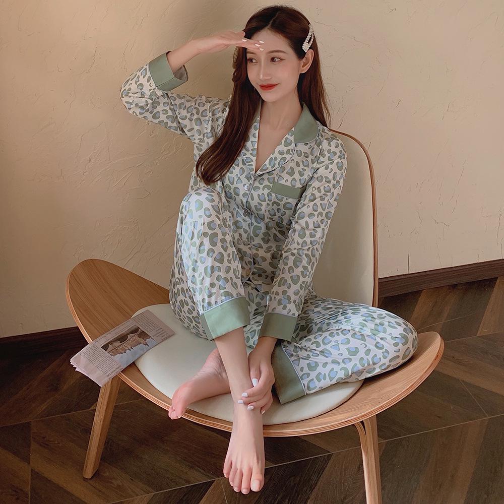 Women's Green Leopard Print Silk Pajama Set - Long Sleeve & Pants - Lightweight Satin for Autumn & Spring