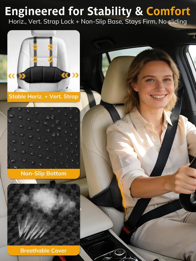 Adjustable Car Seat Lumbar Support Dual Strap Memory Foam Back and Lumbar Support Cushion with Convex Dot Design and Removable Cover for Driving