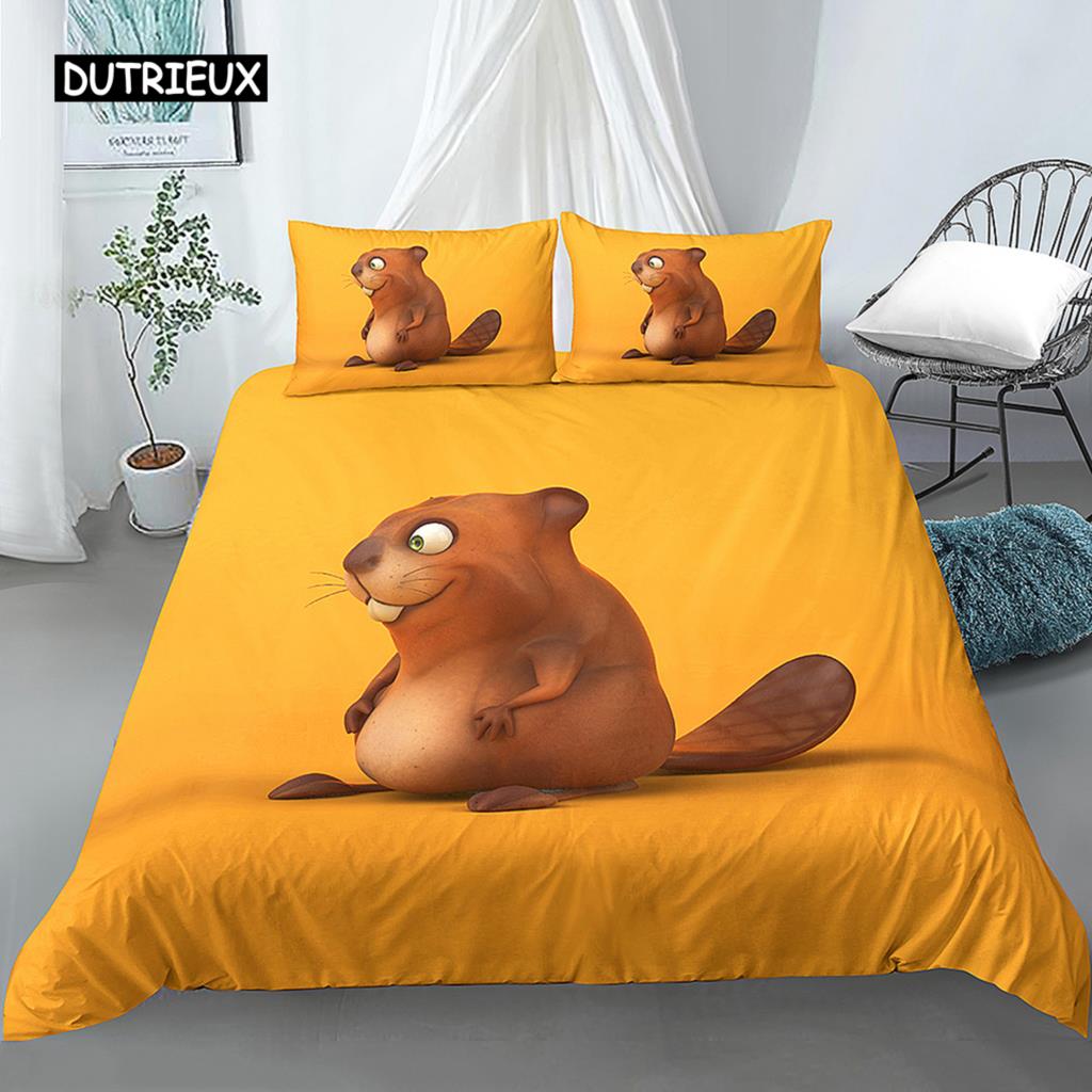 Bettbezug mit Cartoon-Biber, King-Size-Bett, schöne Tier-Bettwäsche-Set, für Kinder, Mädchen, Wildtiere, Polyester, Bettbezug, Kissenbezug