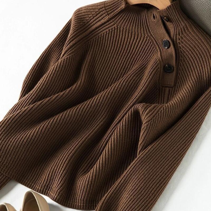 Women Loose Button Solid Color Half High Collar Sweater Korean Temperament Knitted Sweater Women's Tops Bottoming Sweater Sweater Autumn and Winter