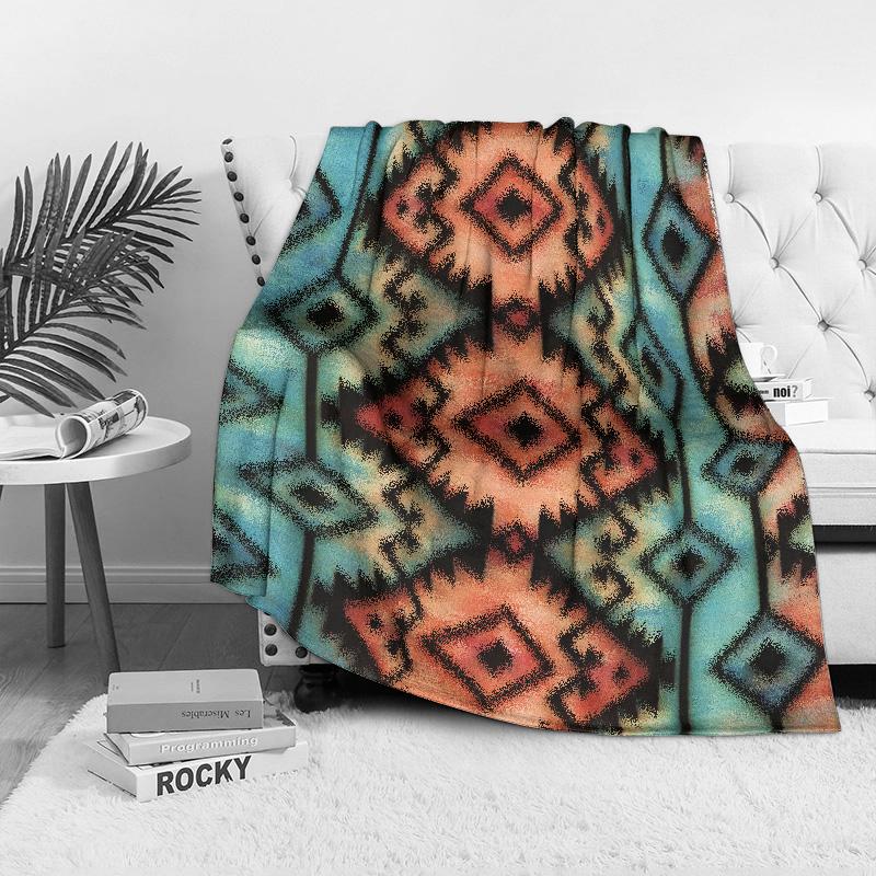 Tribal Geometric Pattern Blanket Aztec Native American Blanket Red Blue Geometric Throw Blanket for Sofa Bed Couch Decoration