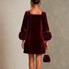 Women's Vintage Square Neck Puff Sleeve Long Sleeve A-Line Dress with Floral Color Loose Fit Formal Dress