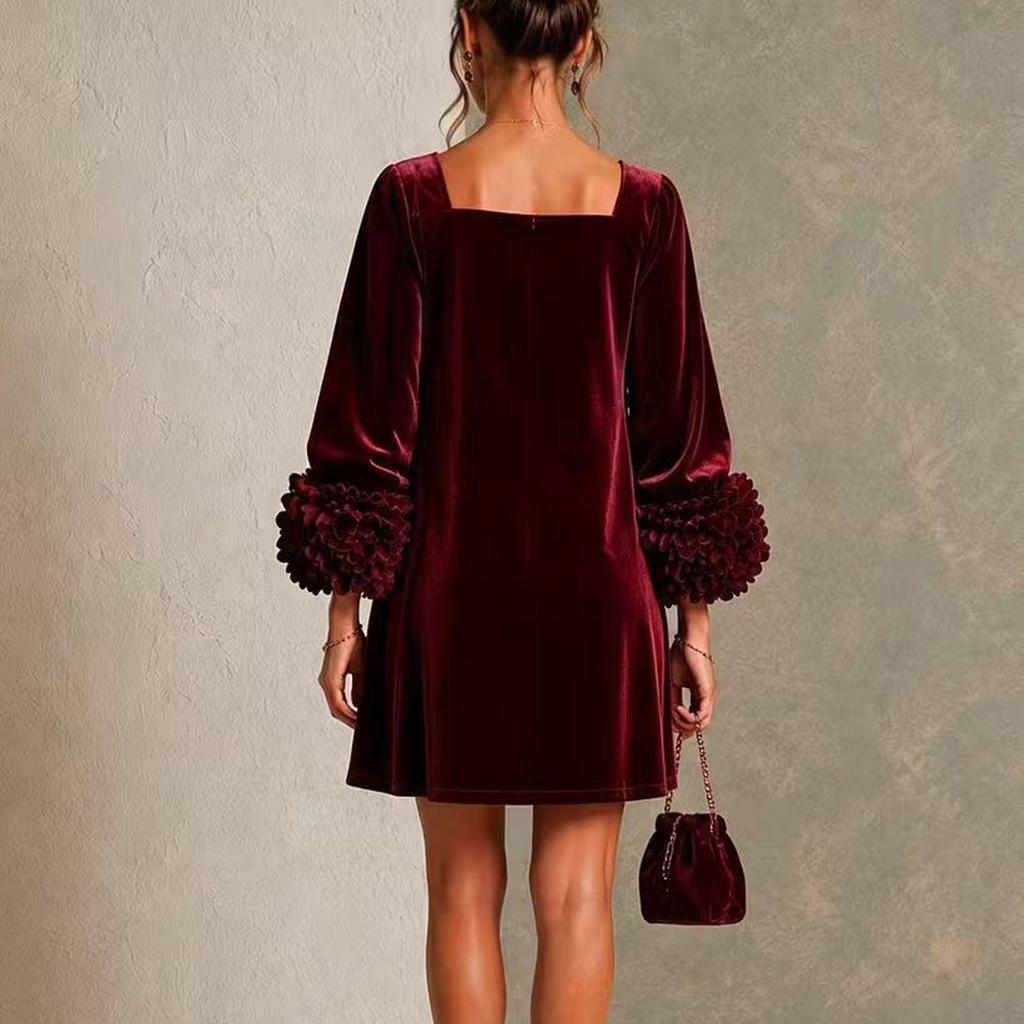 Women's Vintage Square Neck Puff Sleeve Long Sleeve A-Line Dress with Floral Color Loose Fit Formal Dress