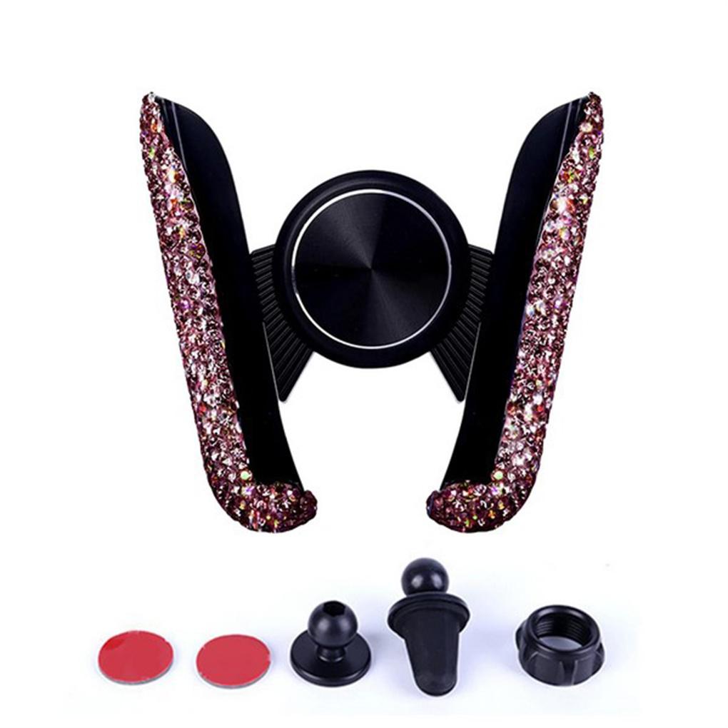 Car Phone Holder Vehicle-mounted Rhinestones Clip Stand Universal Smartphone Self-adhesive Support Interior Pink