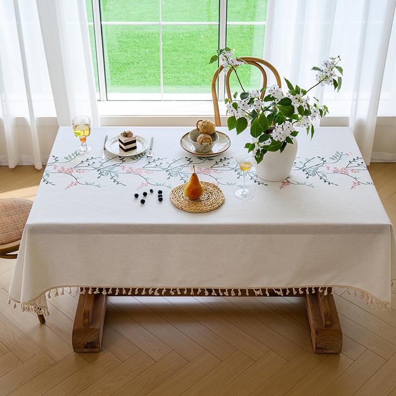 Rectangle Embroidered Tassel Tablecloth American Waterproof Floral Dining Table Cloth Home Decor Tea Table Dustproof Table Towel