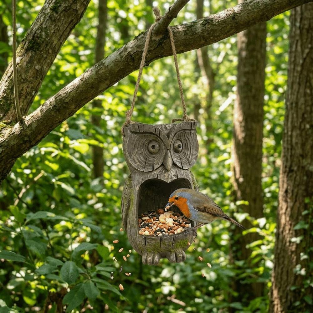 Resin Owl Bird Feeder Handicraft Realistic Tree Mounted Bird Feeder Waterproof Weather Resistant Tree Face Bird Feeder Backyard