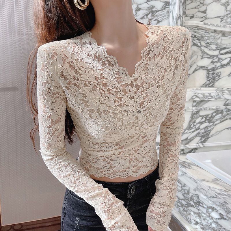 

Кружевная майка с V-образным вырезом, женская шифоновая куртка с длинными рукавами и глубоким вырезом, черный короткий сетчатый топ XL