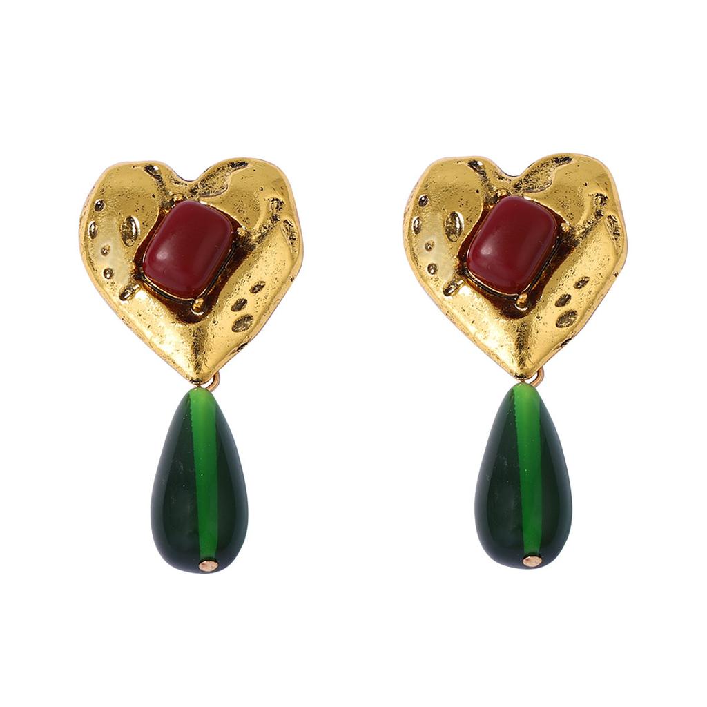 Exaggerated Retro Heart Gemstones Green Water-drop Resin Dangle Earrings for Women Temperament Court-style Stud Earrings Jewelry