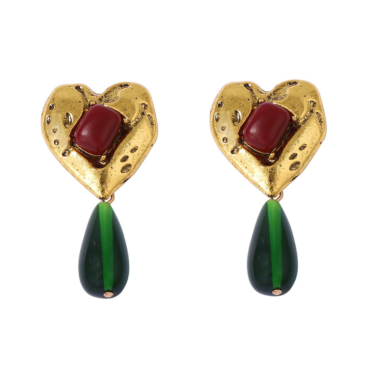 

Exaggerated Retro Heart Gemstones Green Water-drop Resin Dangle Earrings for Women Temperament Court-style Stud Earrings Jewelry золотой