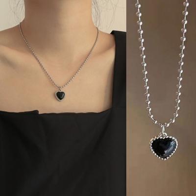Black Love Heart Pendant Necklace For Women Temperament Chain Jewelry