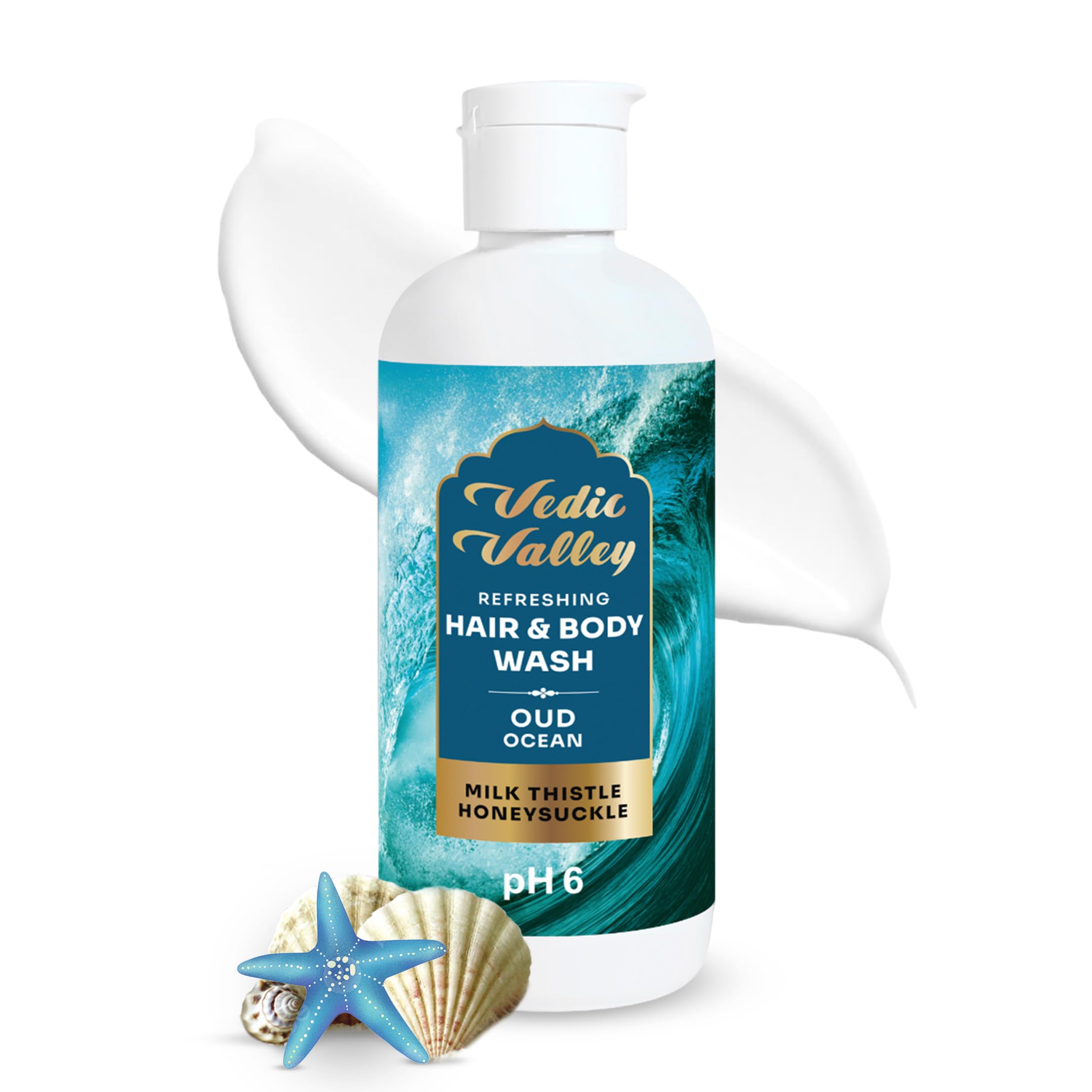 VEDIC VALLEY Oud Ocean Hair & Body Wash with Milk Thistle and Honeysuckle | Paraben Free Body Wash for Men & Women Helps Reduce Hair Fall, Bright