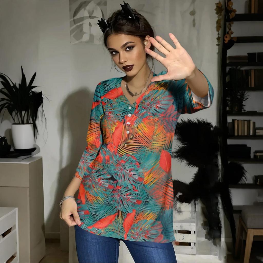 Women's Casual Fashion Sexy Comfortable V-Neck Button Floral Three-quarter Sleeve Top