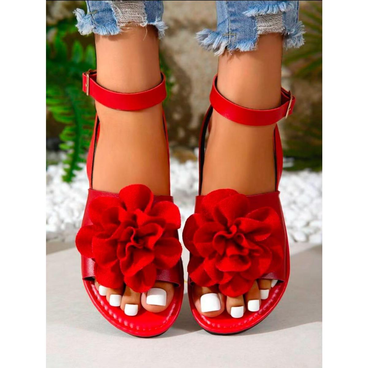 

Женские повседневные туфли на плоской подошве, ремешок с пряжкой и цветочным узором, бант на щиколотке, один ремешок, модные сандалии, подходят для летнего отдыха на открытом воздухе 36 красный