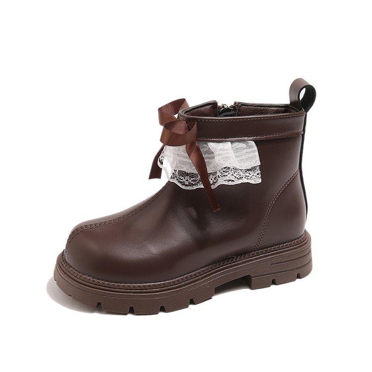 Korean version of girls' velvet short boots 2025 autumn and winter new girls' retro bow princess boots warm Martin boots