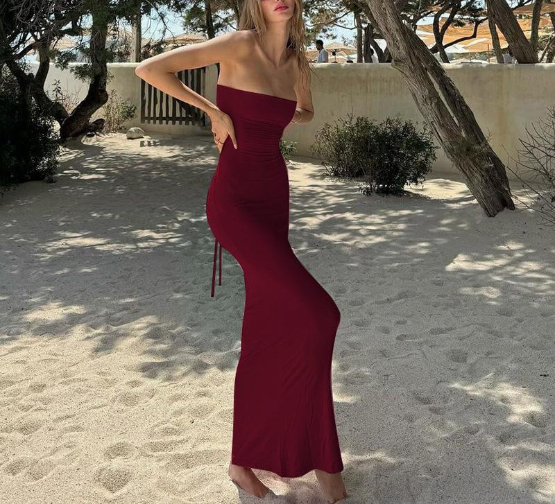 European and American women's clothing summer new one-word collar tube top, backless straps, sexy tight waist and thin dress