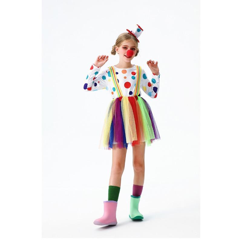 Kids Rainbow Clown Cosplay Dress, Halloween Stage Show Dance Puffy Tutu Outfit
