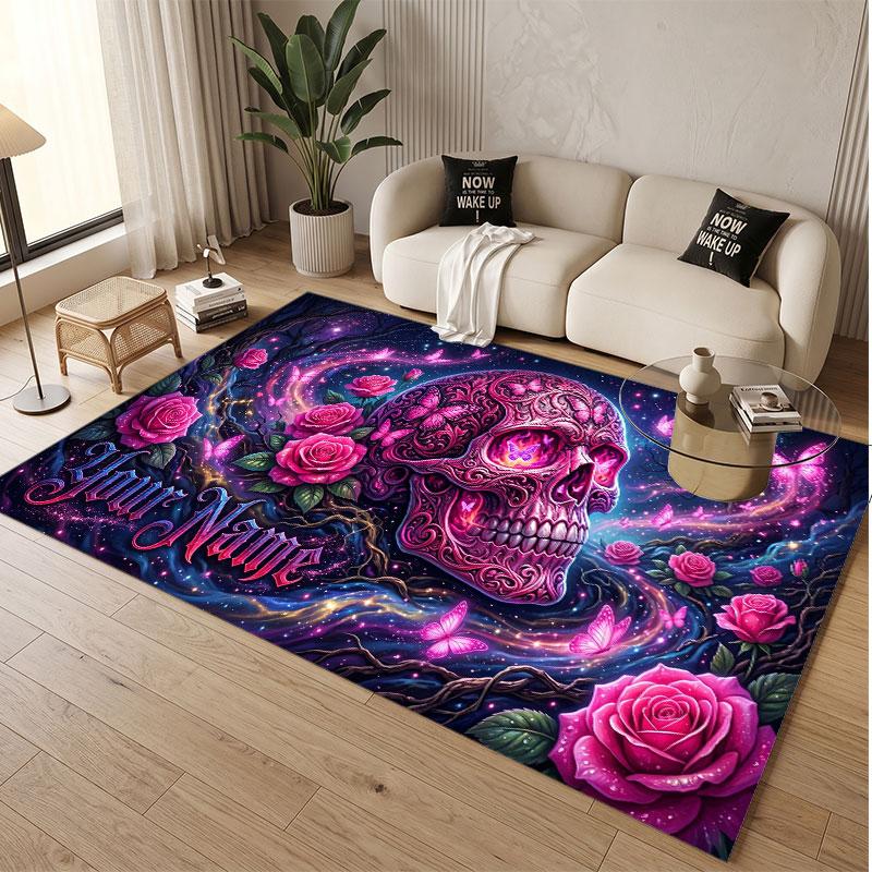 Totenkopf Gothic Thema Weicher Kristall-Samt Teppich Benutzerdefinierter Name & Text Druck Rutschfester Boden Teppich für Schlafzimmer Wohnzimmer