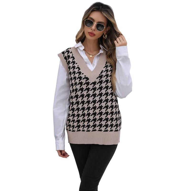 Vintage Fashion Elegant Casual Early Fall Women's Mid-length Thousand Birds Check Sweater Vest Women