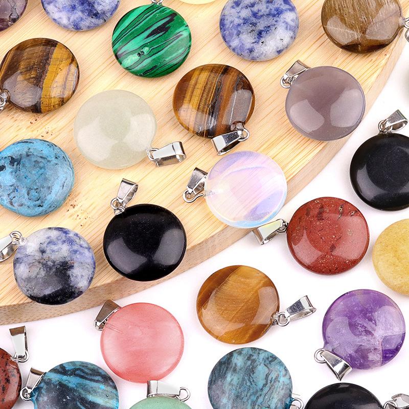 1pc 20mmNatural Stone Mixed Color Flat Round Shape Fine Ladies High Quality Pendant for Jewelry Making DIY Necklace Accessories